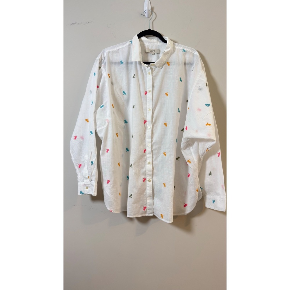 LOFT Button Down Shirt White Bicycle Embroidered Cotton Women XXL